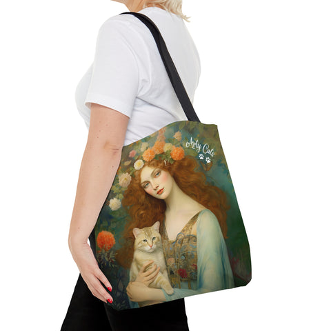 Blooming Serenity, Woman With Her Cat. All Purpose Designer Tote Bag