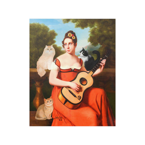 Music Lover Cats, Guitar Player and Her Cats, Unframed Printed Poster