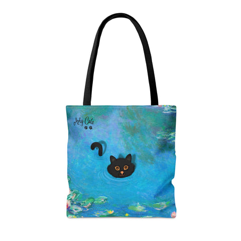 Swimming Cat in the Monet Water Lily Pond, All Purpose Designer Tote Bag