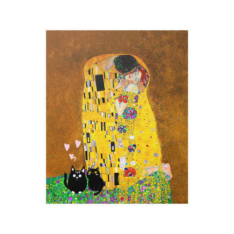 Gustav Klimt The Kiss, Love Cats Print, Unframed Printed Satin Poster