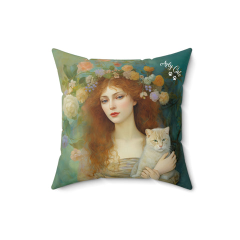 Spring's Fairy Tale, Enchanting Fairy with Her Cat, Art Print Spun Polyester Square Pillow