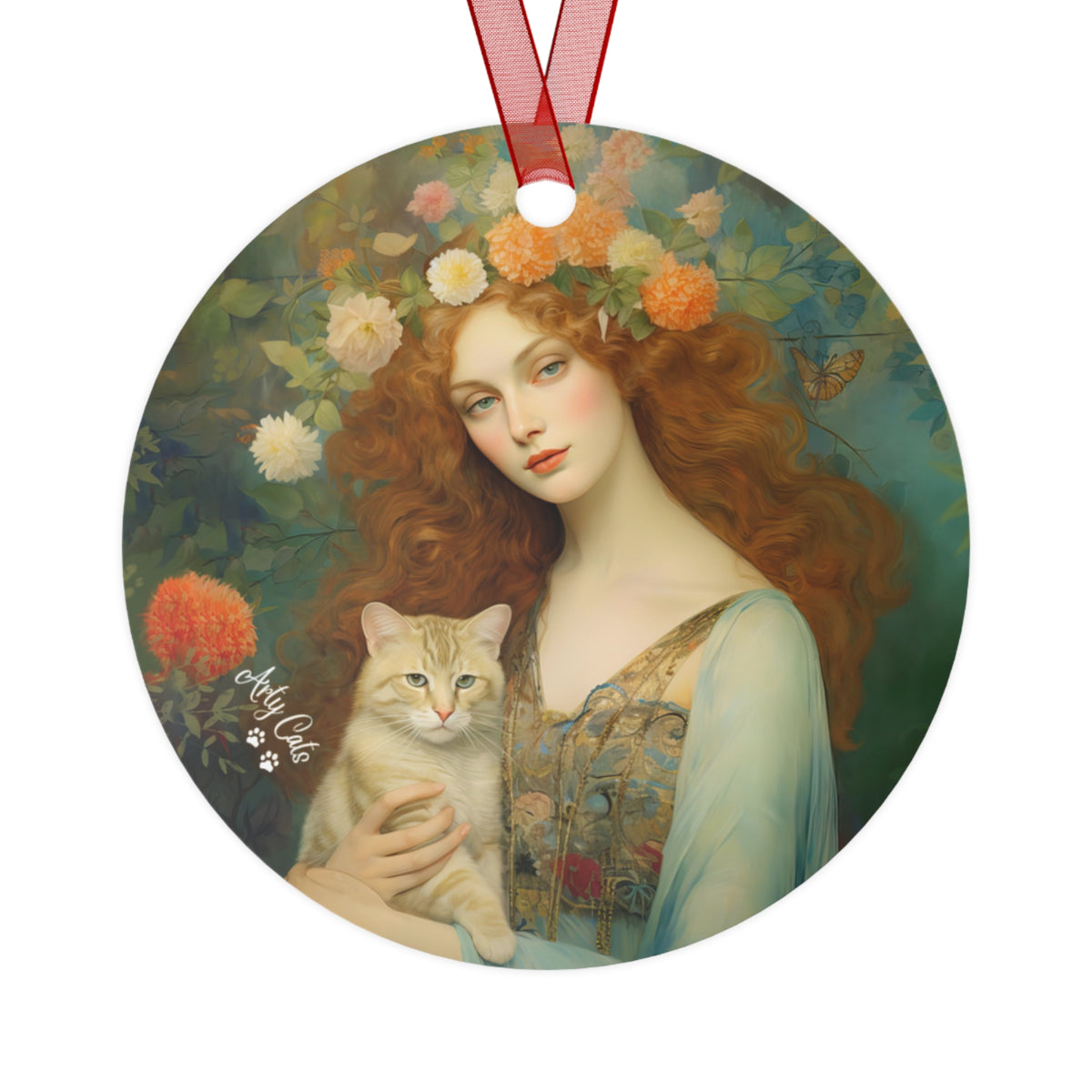 Blooming Serenity, Woman With the Cat, Christmas Metal Ornaments