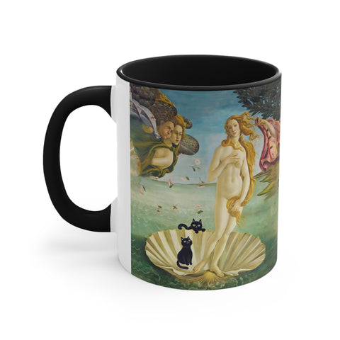 The Birth of Venus with two Black Cats, Botticelli Art Printed, Accent Coffee Mug, 11oz