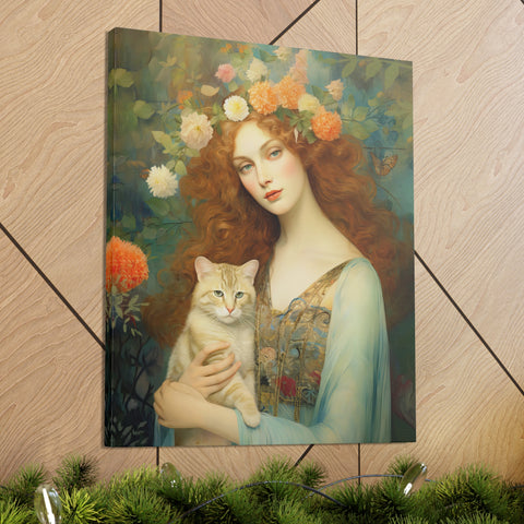 Blooming Serenity, Woman and The Cat Painting, Canvas Gallery Wraps