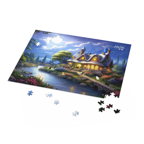 Moonlit Serenade at the Riverside Cottage, Cat Puzzle 500-Piece