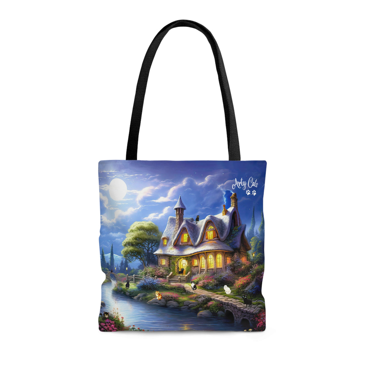 Moonlit Serenade at the Riverside Cottage, Cat Art, All Purpose Designer Tote Bag