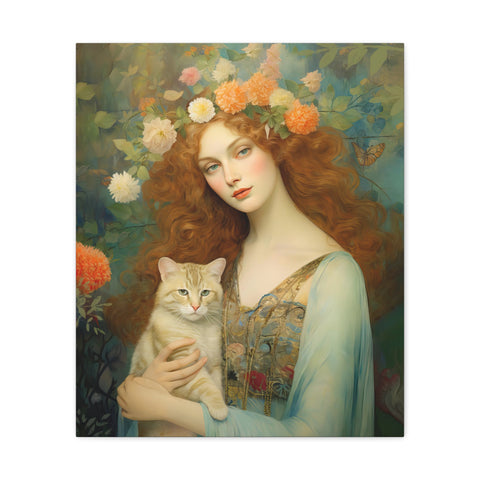 Blooming Serenity, Woman and The Cat Painting, Canvas Gallery Wraps