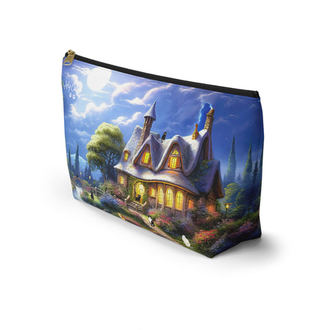 Moonlit Serenade at the Riverside Cottage, Cat Art , All purpose Accessory Pouch