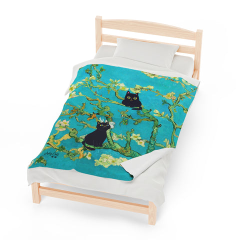 Van Gogh Almond Blossoms With Two Black Cats, Velveteen Plush Blanket