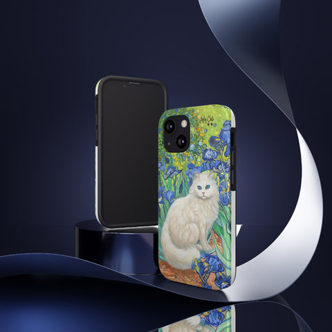 White Cat With Van Gogh Irises, Cat iPhone case, Tough Phone Cases