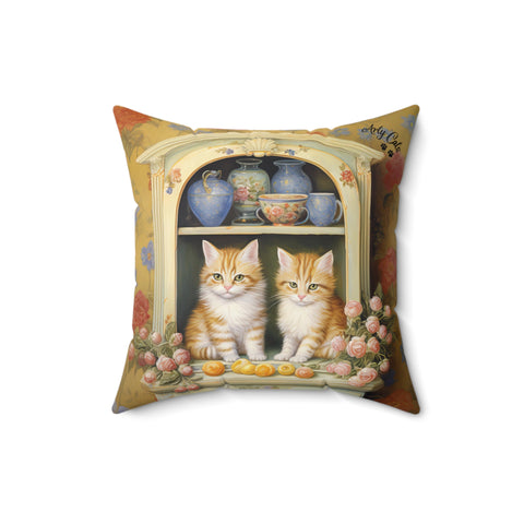 Cozy Kitchen Kittens, A Hutch Cabinet Tale, Spun Polyester Square Pillow