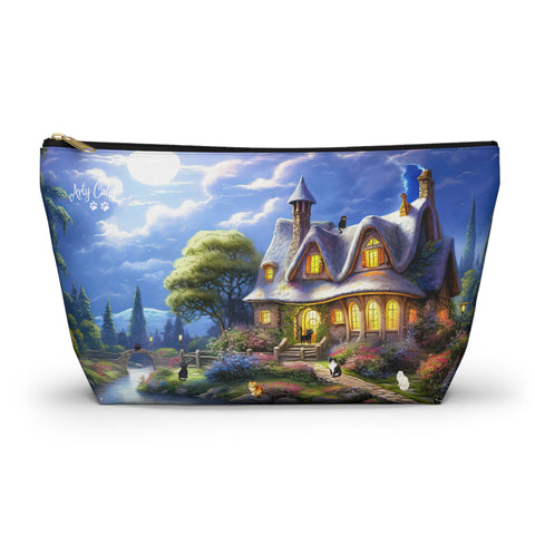 Moonlit Serenade at the Riverside Cottage, Cat Art , All purpose Accessory Pouch