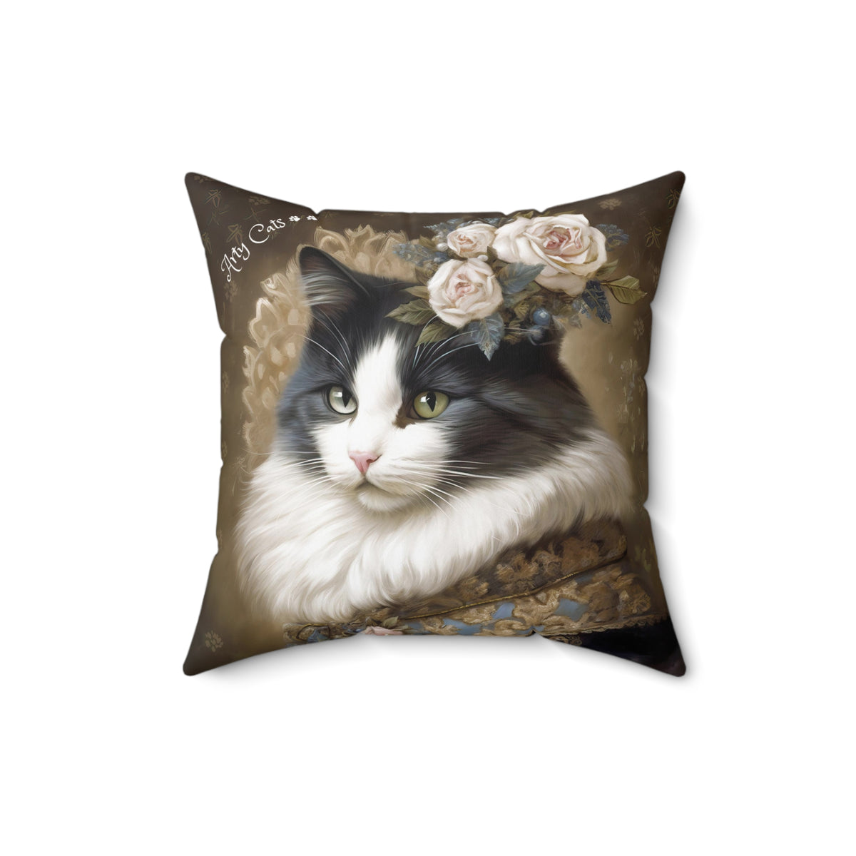 Victorian Cat with Roses, Art Print Spun Polyester Square Pillow