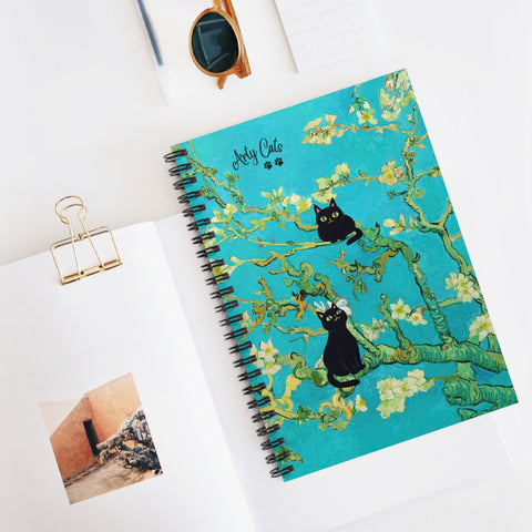 Van Gogh Almond Blossoms with Cats - Spiral Notebook - Ruled Line