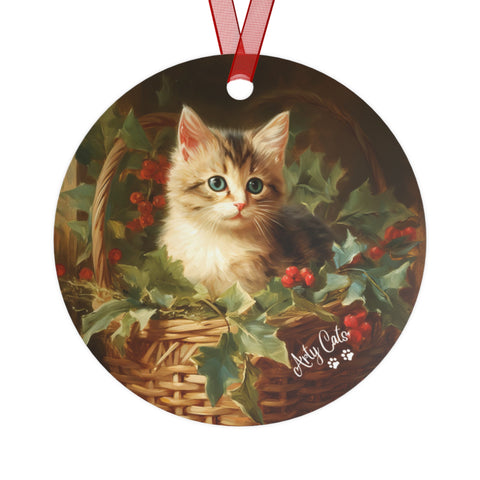 Kitten in the Basket, Christmas Metal Ornaments