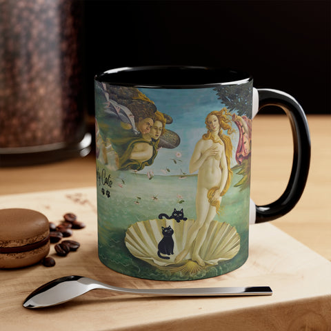 The Birth of Venus with two Black Cats, Botticelli Art Printed, Accent Coffee Mug, 11oz