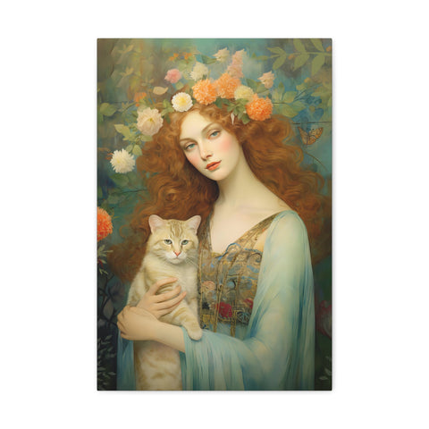 Blooming Serenity, Woman and The Cat Painting, Canvas Gallery Wraps