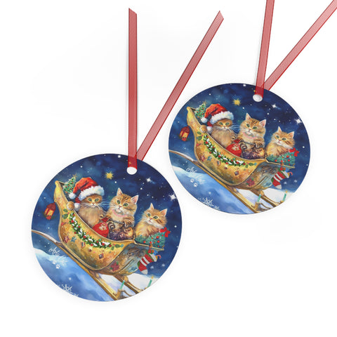 Cat Cheers Express in the Starry Night, Christmas Metal Ornaments