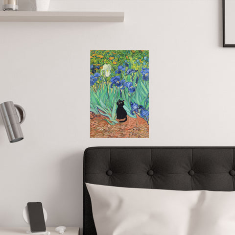 Van Gogh Irises with Cute Black Cat, Printed Satin Poster