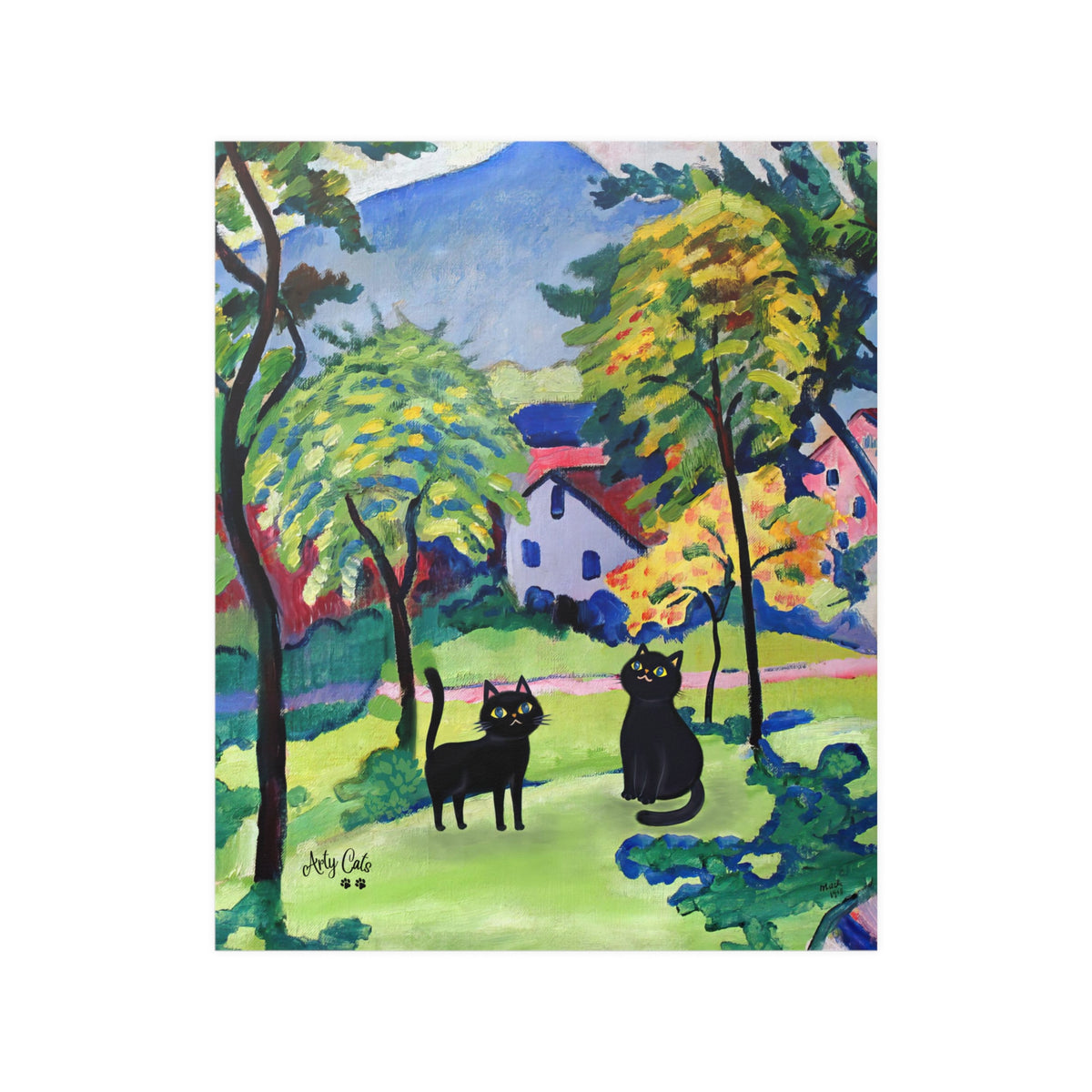 Two Adorable Black Cats in August Macke Landscape, Unframed Satin Poster