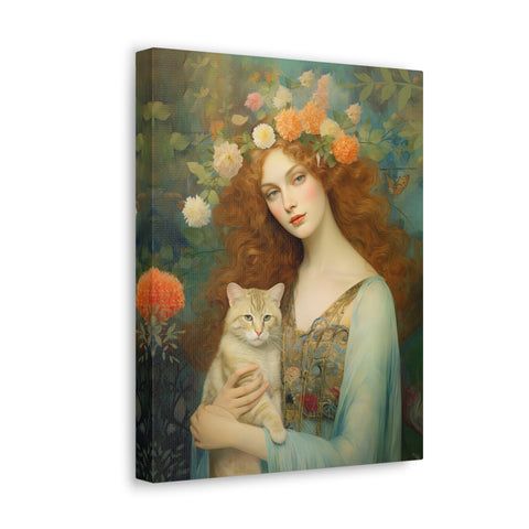 Blooming Serenity, Woman and The Cat Painting, Canvas Gallery Wraps