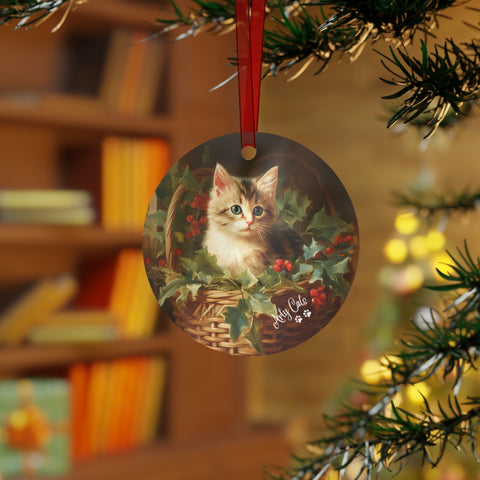 Kitten in the Basket, Christmas Metal Ornaments