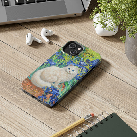 White Cat With Van Gogh Irises, Cat iPhone case, Tough Phone Cases