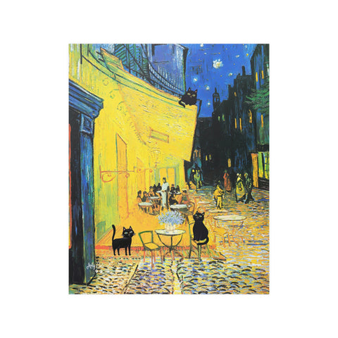 Vincent Van Gogh's Cafe Terrace at Night with 3 Black Cats Poster, Unframed Satin Poster