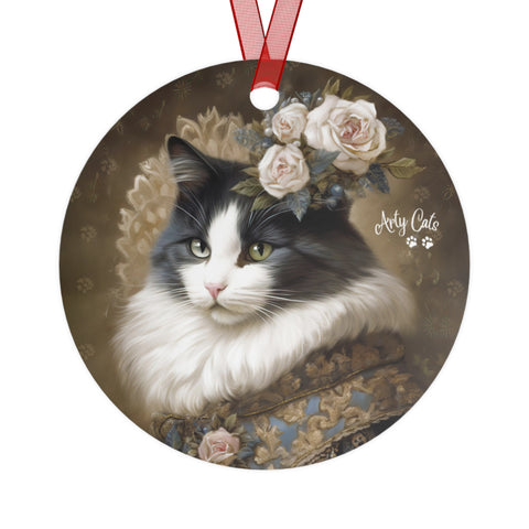 Victorian Cat with Roses, Christmas Metal Ornaments