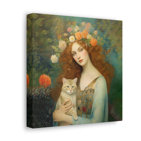 Blooming Serenity, Woman and The Cat Painting, Canvas Gallery Wraps