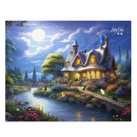 Moonlit Serenade at the Riverside Cottage, Cat Puzzle 500-Piece