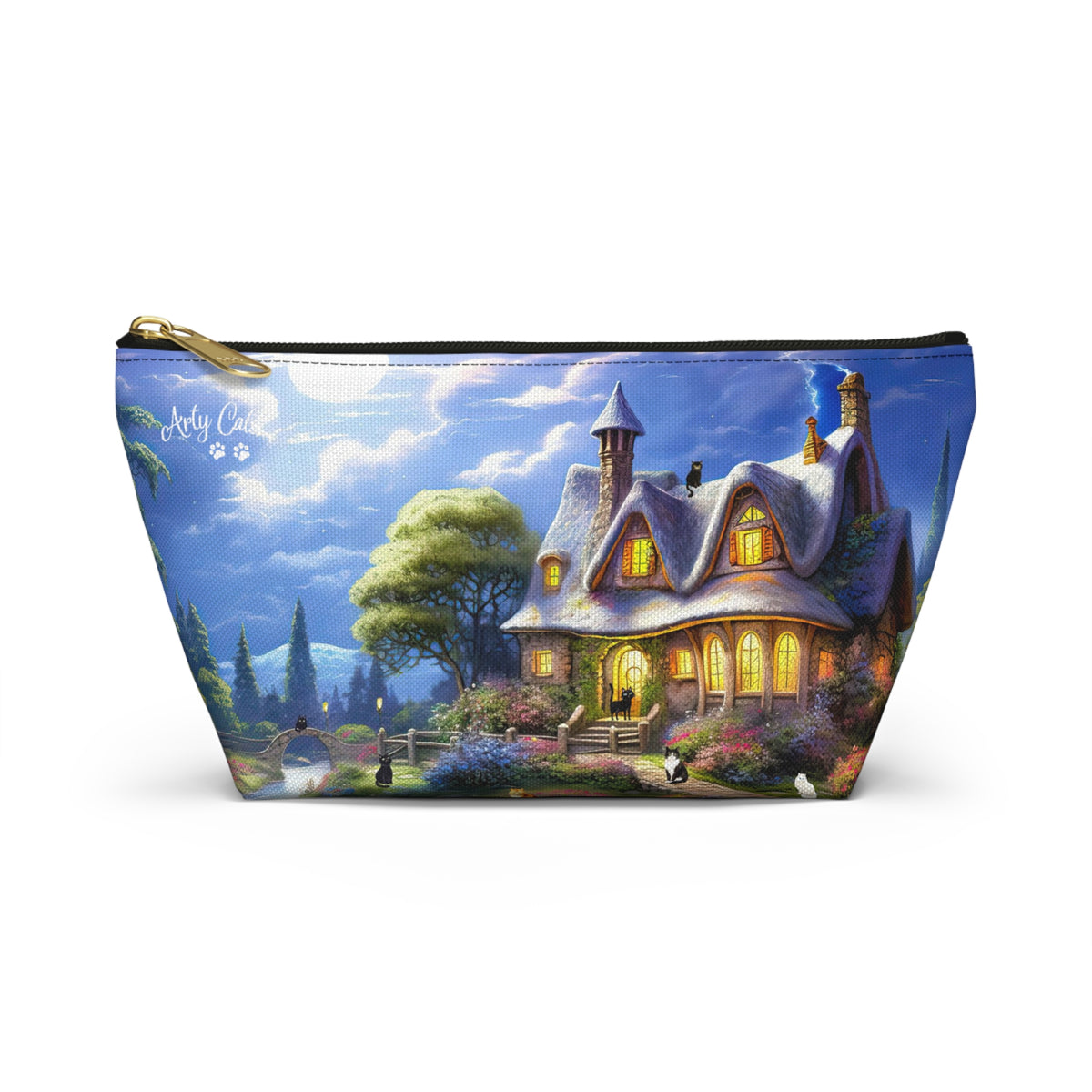 Moonlit Serenade at the Riverside Cottage, Cat Art , All purpose Accessory Pouch