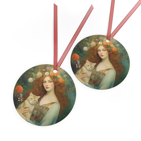 Blooming Serenity, Woman With the Cat, Christmas Metal Ornaments