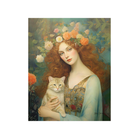 Blooming Serenity, Woman and The Cat Painting, Unframed Printed Art Poster