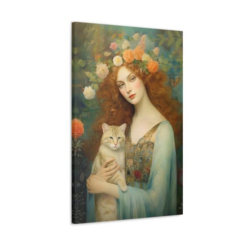 Blooming Serenity, Woman and The Cat Painting, Canvas Gallery Wraps