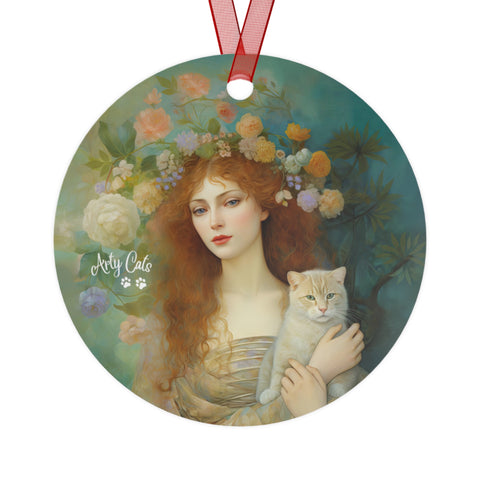 Enchanting Fairy with Her Cat, Christmas Metal Ornaments