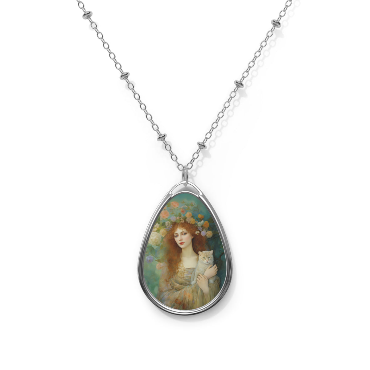 Spring's Fairy Tale, Enchanting Fairy with Her Cat, Cat Jewelry Oval Necklace