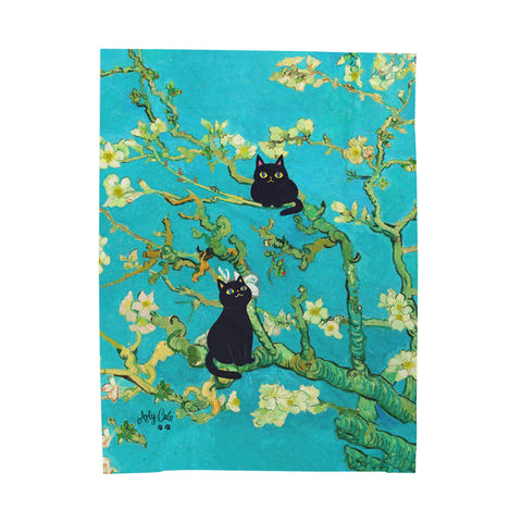 Van Gogh Almond Blossoms With Two Black Cats, Velveteen Plush Blanket