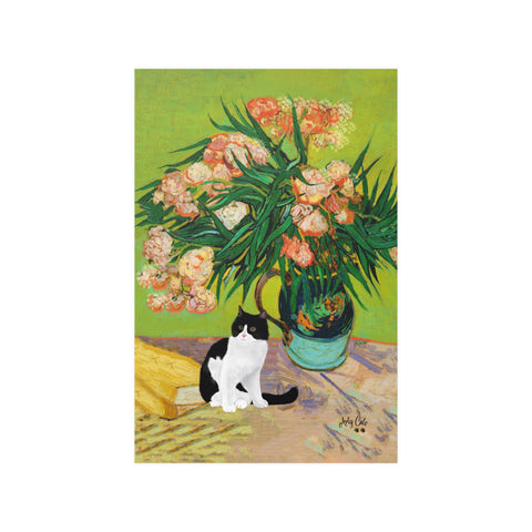 Van Gogh Oleanders Cat Print, Black & White Cat Print, Unframed Satin Poster