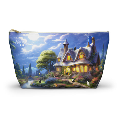 Moonlit Serenade at the Riverside Cottage, Cat Art , All purpose Accessory Pouch