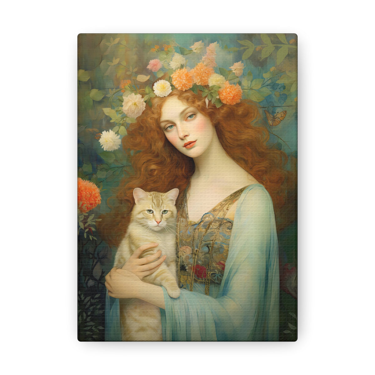 Blooming Serenity, Woman and The Cat Painting, Canvas Gallery Wraps