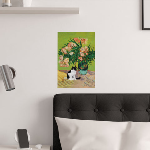 Van Gogh Oleanders Cat Print, Black & White Cat Print, Unframed Satin Poster