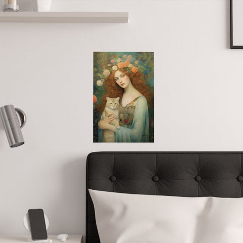 Blooming Serenity, Woman and The Cat Painting, Unframed Printed Art Poster