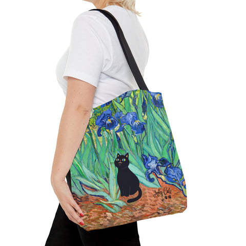 Van Gogh Irises with Cute Black Cat, All Purpose Designer Tote Bag