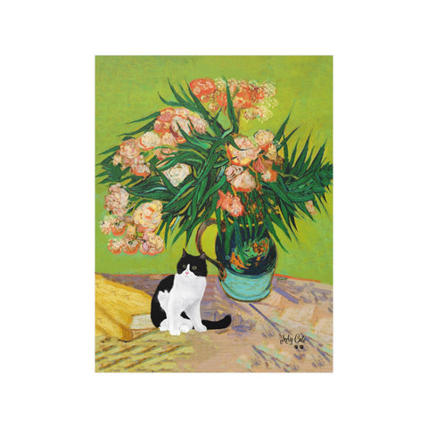 Van Gogh Oleanders Cat Print, Black & White Cat Print, Unframed Satin Poster