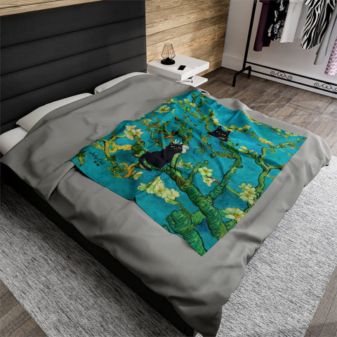 Van Gogh Almond Blossoms With Two Black Cats, Velveteen Plush Blanket