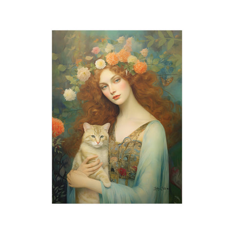 Blooming Serenity, Woman and The Cat Painting, Unframed Printed Art Poster