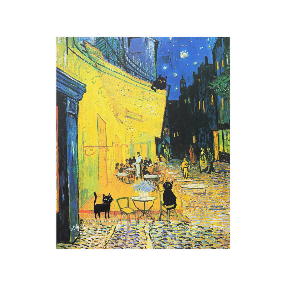 Vincent Van Gogh's Cafe Terrace at Night with 3 Black Cats Poster, Unframed Satin Poster