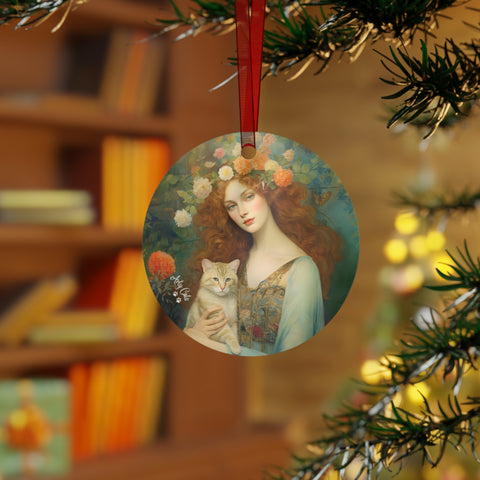 Blooming Serenity, Woman With the Cat, Christmas Metal Ornaments