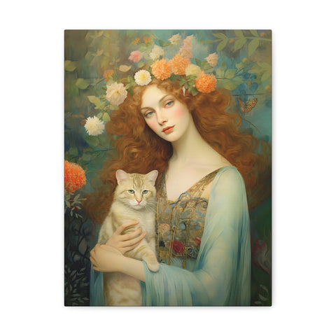 Blooming Serenity, Woman and The Cat Painting, Canvas Gallery Wraps